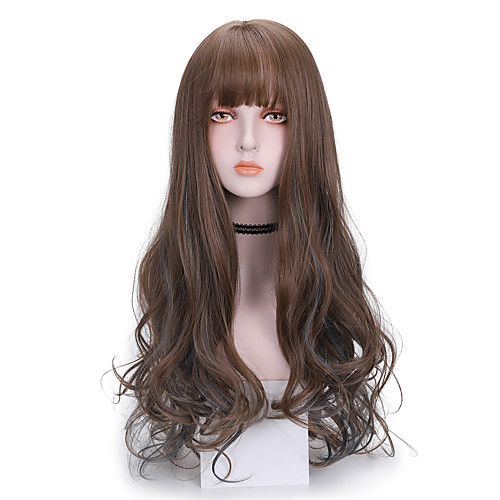 

Synthetic Wig Curly With Bangs Wig Long Brown Synthetic Hair 24 inch Women's Comfy Fluffy Brown