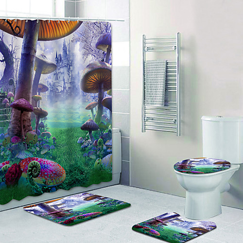 

Giant Mushroom Castle Digital Printing Four-piece Set Shower Curtains And Hooks Modern Polyester Machine Made Waterproof Bathroom