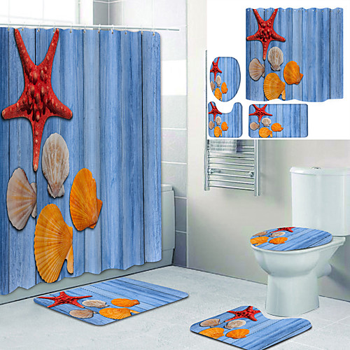 

Starfish On Wooden Board Printed Bathtub Curtain Liner Covered With Waterproof Fabric Shower Curtain For Bathroom Home Decoration With Hook Floor Mat And Four-piece Toilet Mat