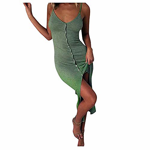 

women's spaghetti strap button down sexy v neck front split bodycon midi dress sleeveless sundress party club dress green