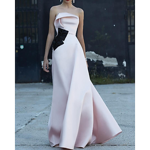 

A-Line Minimalist Sexy Engagement Formal Evening Dress Strapless Sleeveless Floor Length Satin with Sleek 2021