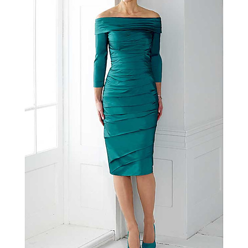 

Sheath / Column Mother of the Bride Dress Elegant Off Shoulder Knee Length Taffeta 3/4 Length Sleeve with Ruching 2021