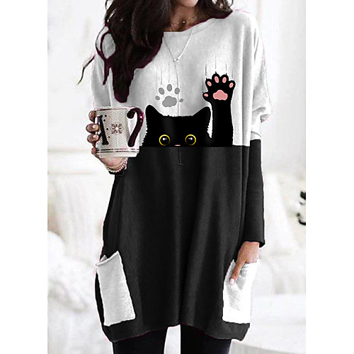 

Women's T shirt Dress Cat Cartoon Graphic Prints Long Sleeve Patchwork Print Round Neck Tops Basic Basic Top Black Gray