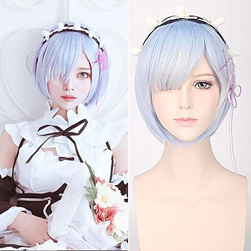 

blue short bob rem cosplay wig synthetic anime hair party wig re zero starting life in another world