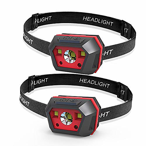 

rechargeable headlamp,super bright headlight with 4 modes of lighting and hand sensor switch(2 packs) waterproof,headband adjustable headlight flashlight for camping,hiking,outdoor (red)