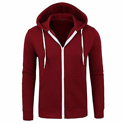 

men hooded pullover full zip hoodie solid color sweatshirt casual hoody long sleeve top with pocket red 3xl