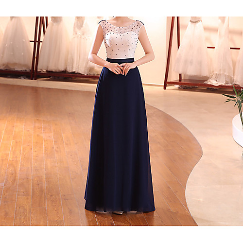 

Sheath / Column Minimalist Elegant Wedding Guest Formal Evening Dress Illusion Neck Sleeveless Floor Length Chiffon with Beading 2021