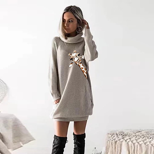 

Women's T shirt Dress Graphic Prints Animal Long Sleeve Cowl Neck Tops Basic Top Black Wine Camel