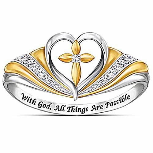 

silver gold two tone heart shaped christian cross prayer religious ring (silver gold, 9)