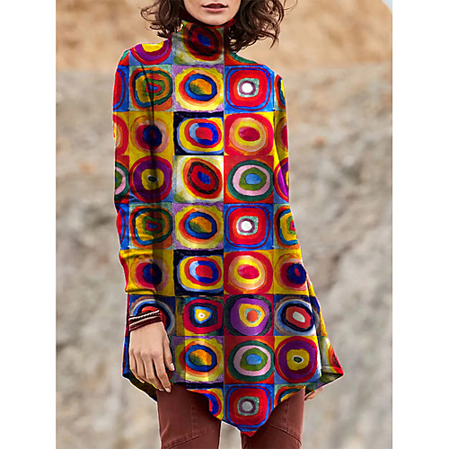 

Women's T Shirt Dress Tee Dress Short Mini Dress Red Yellow Green Long Sleeve Color Block Geometric Patchwork Print Fall Winter Turtleneck Casual 2021 S M L XL XXL 3XL 4XL 5XL