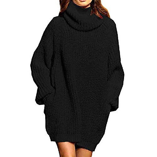 

women's long sleeve casual loose oversized knit turtleneck pullover sweater dress with pockets s black