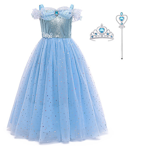 

Princess Dress Cosplay Costume Costume Girls' Movie Cosplay Euramerican New Year's Blue Dress Headwear Wand Christmas Halloween Carnival Polyester / Cotton Polyester