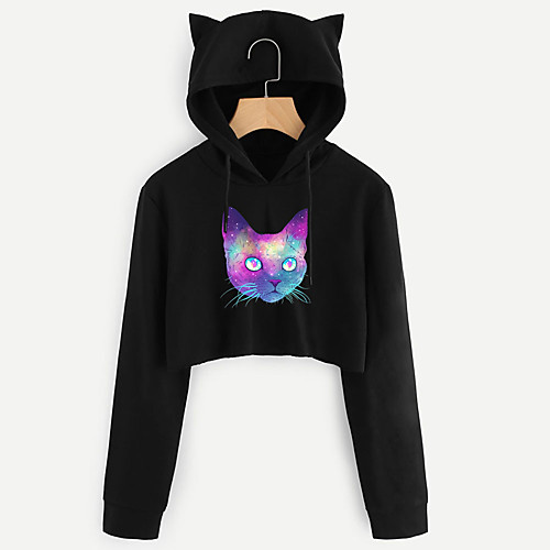

Women's Cropped Hoddie Cat Graphic 3D Crop Top Cat Ear Daily Basic Casual Hoodies Sweatshirts Black Navy Blue