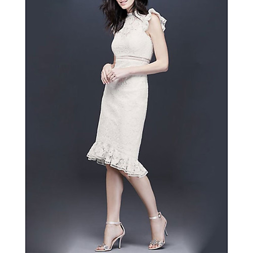 

Sheath / Column High Neck Knee Length Lace Bridesmaid Dress with Ruffles