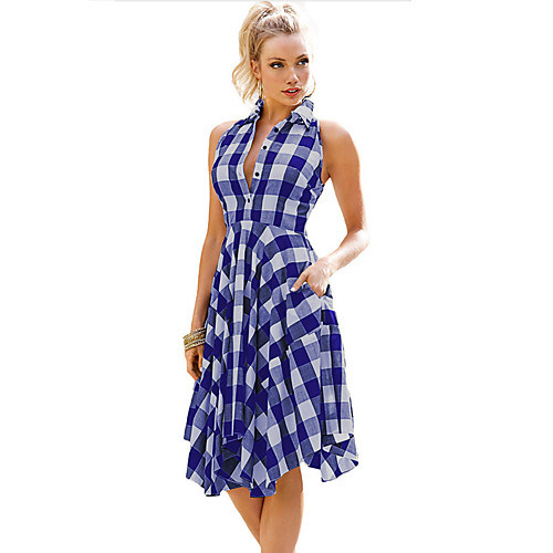 

Women's A Line Dress Short Mini Dress Blue Sleeveless Color Block Patchwork Fall Spring Casual 2021 S M L XL