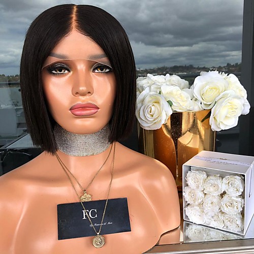 

12-26 Inch Front Lace Wig Women's Mid-point Bobo Short Straight Hair Natural Black Bob Head Fashionable Inner Buckle Hair Set