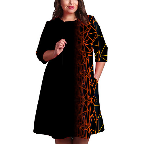 

Women's Shift Dress Knee Length Dress Black 3/4 Length Sleeve Geometric Print Spring Summer Round Neck Casual 2021 XXL 3XL 4XL 5XL 6XL / Plus Size