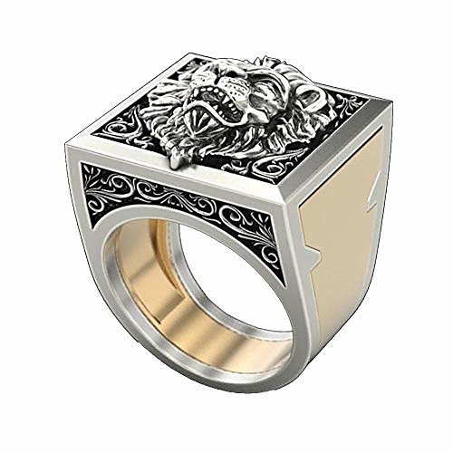 

men's lion ring roaring lion head vintage engraved carved band rings with mini hidden storage box design hip hop party two tone jewelry unique gift for men biker rapper size 7-12