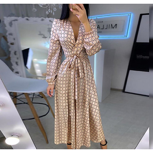 

Women's Swing Dress Maxi long Dress Beige Long Sleeve Striped Lace up Print Fall V Neck Elegant 2021 S M L XL