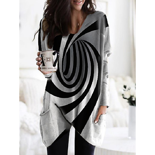 

Women's Shift Dress Knee Length Dress Black Long Sleeve Striped Color Block Pocket Patchwork Print Fall Spring V Neck Casual 2021 M L XL XXL 3XL