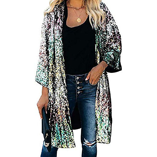 

women's casual bell sleeve sequins open front cardigan coat xl