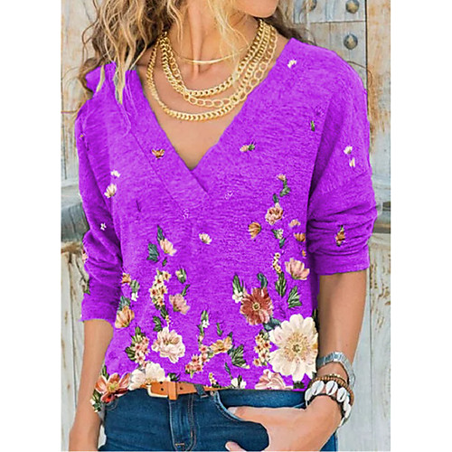 

Women's Blouse Floral Long Sleeve V Neck Tops Basic Top Black Blue Purple