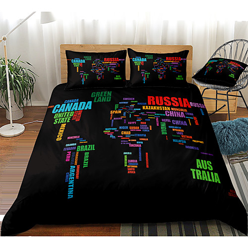 

World Map Print 3-Piece Duvet Cover Set Hotel Bedding Sets Comforter Cover with Soft Lightweight Microfiber, Include 1 Duvet Cover, 2 Pillowcases for Double/Queen/King(1 Pillowcase for Twin/Single)