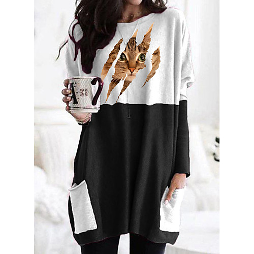 

Women's T shirt Dress Tunic Cat 3D Graphic Prints Long Sleeve Patchwork Print Round Neck Tops Basic Basic Top Black Gray