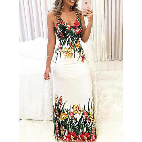 

Women's Sheath Dress Maxi long Dress White Sleeveless Print Patchwork Print Summer Strapless Casual Mumu 2021 S M L XL