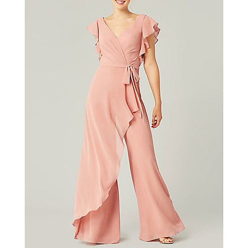 

A-Line V Neck Floor Length Polyester Bridesmaid Dress with Ruffles