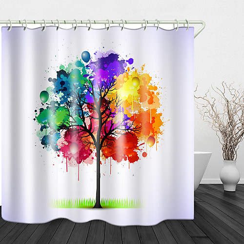 

Watercolor Small Tree Print Waterproof Fabric Shower Curtain For Bathroom Home Decor Covered Bathtub Curtains Liner Includes With Hooks