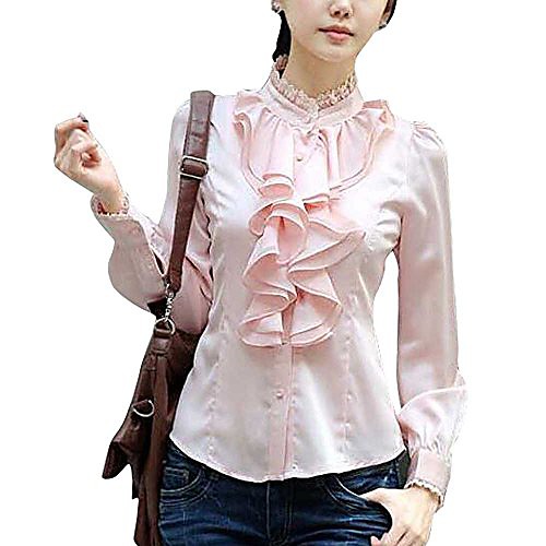 

women's lace ruffle neck long sleeve stand collar ol shirt tops blouse medium pink