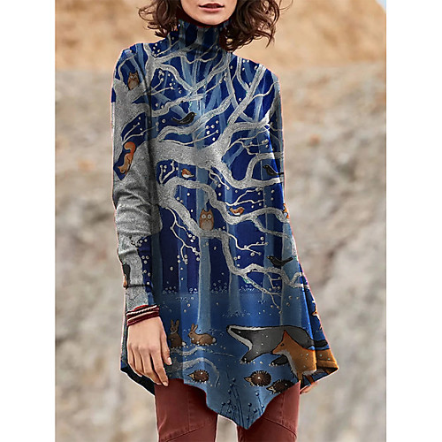 

Women's T Shirt Dress Tee Dress Short Mini Dress Blue Gray Long Sleeve Print Color Block Animal Patchwork Print Fall Winter Turtleneck Casual 2021 S M L XL XXL 3XL 4XL 5XL
