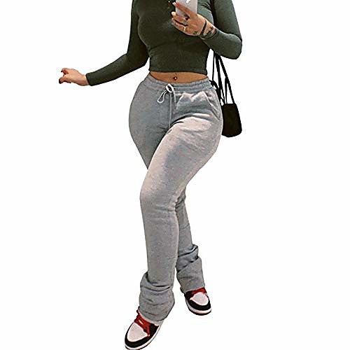 

women stacked pants sweat casual stretch slim leggings pants plus size athletic clothes (a. grey, s)