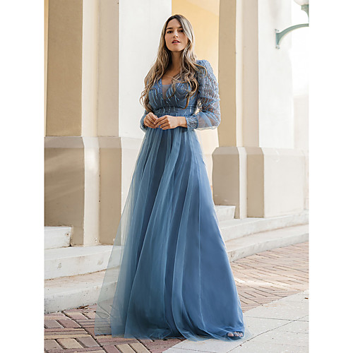 

A-Line Plunging Neck Floor Length Tulle Bridesmaid Dress with Sequin