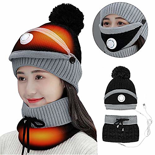 

usb heated hat scarf set winter fleece lined warm knitted hat circle loop scarf neck warmer