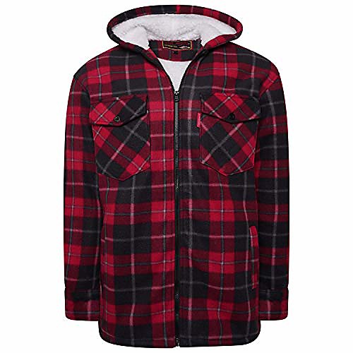 

men's padded check shirt fur lumberjack collared quilted jacket warm thermal casual workwear top fleece lumber jack padded shirts (red/hooded, 2xl)