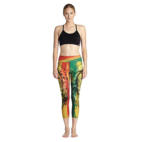 

Women's Basic Casual Comfort Daily Gym Leggings Pants Lion Calf-Length Patchwork Print Yellow