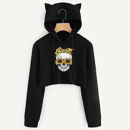 

Women's Cropped Sweatshirt Graphic Floral Skull Cat Ear Casual Hoodies Sweatshirts Black Wine Green