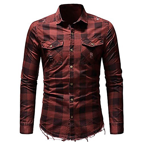 

ieason men's slim fit button plaid shirt with pocket long sleeve tops blouse rd/2xl red