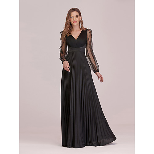 

A-Line Empire Vintage Prom Formal Evening Dress V Neck Long Sleeve Floor Length Jersey with Pleats 2021