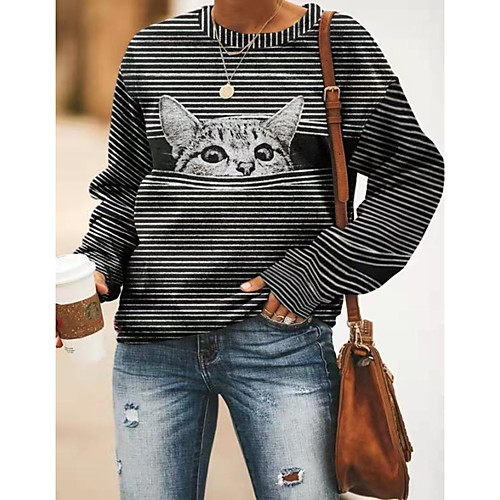 

Women's Stripe Striped Animal Cardigan Cotton Long Sleeve Sweater Cardigans Crew Neck Spring Fall Black