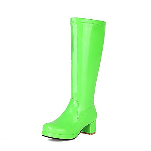 

Women's Boots Block Heel Round Toe Knee High Boots Preppy Minimalism Daily Party & Evening Patent Leather Solid Colored White Black Green / Mid-Calf Boots