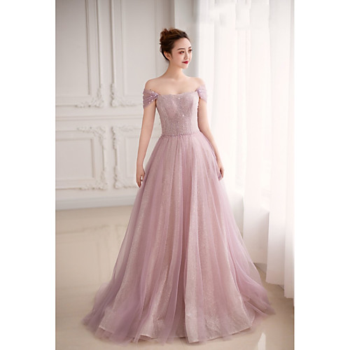 

A-Line Glittering Elegant Prom Formal Evening Dress Off Shoulder Short Sleeve Sweep / Brush Train Tulle with Pleats Sequin 2021