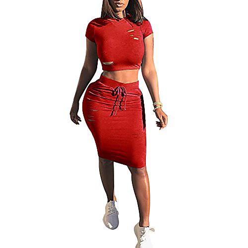 

women crop top skirt set two piece ripped short sleeve blouse shirt bodycon pencil skirt suit (red, uk 10 / tag m)