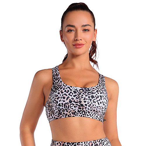 

Women's Sports Bra Medium Support Cross Back Wireless Leopard Gray Spandex Yoga Fitness Gym Workout Bra Top Sport Activewear Breathable Quick Dry Comfortable Freedom Stretchy