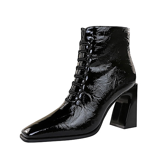 

Women's Boots Chunky Heel Square Toe Booties Ankle Boots Vintage Sexy Party & Evening Patent Leather Lace-up Solid Colored Black