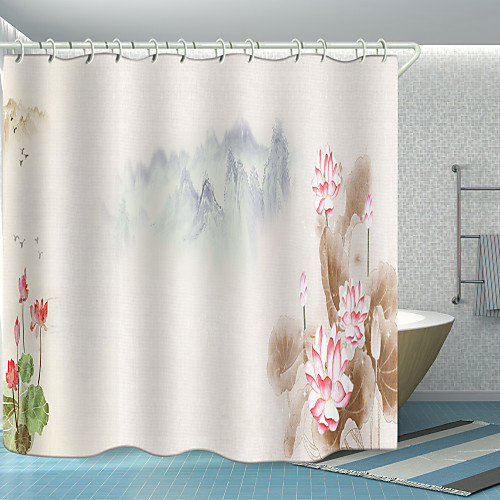 

Lotus Mountain Ink Painting Digital Printing Shower Curtain Shower Curtains Hooks Modern Polyester New Design