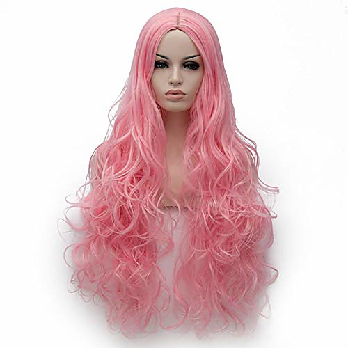 

31 inches long fashion middle part wavy synthetic wig natural curly cosplay costume christmas party daily wear wigs for women with free wig cap (pink2)