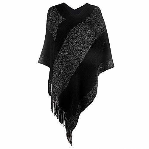 

women poncho sweater v neck striped knit shawl cape pullover with fringes gifts for women mom black